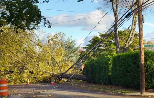 Fallen tree brought down powerlines and blocking road